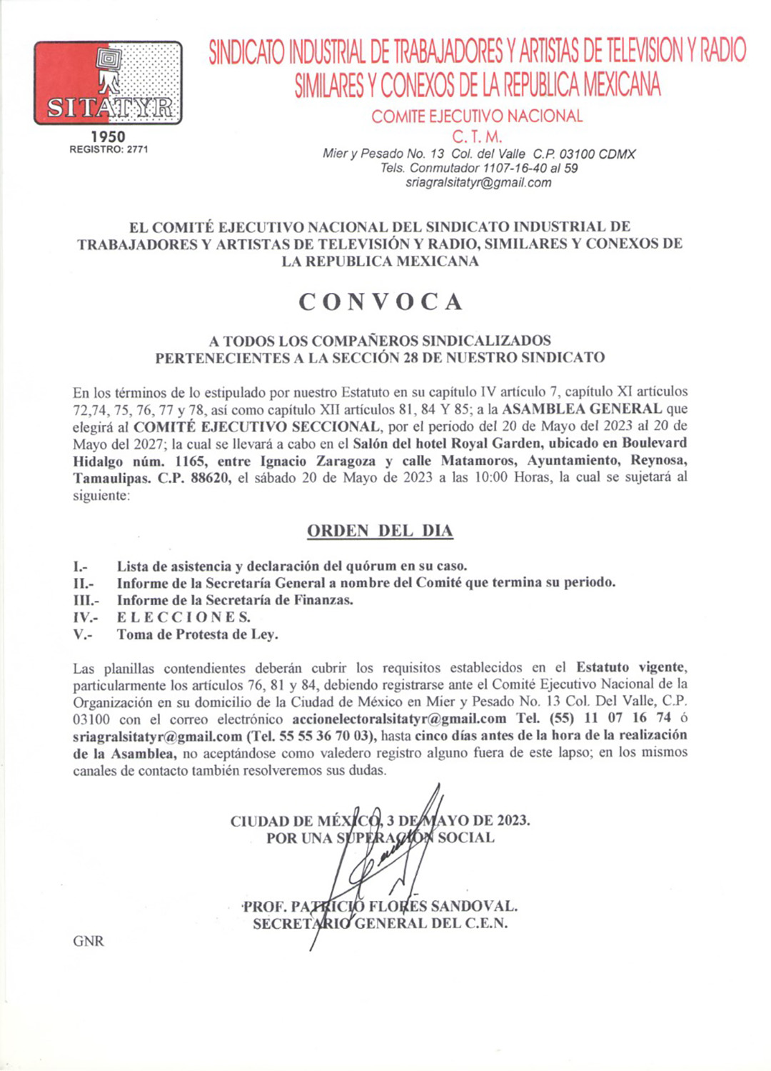 Convocatoria Sección 28 20 de Mayo 2023